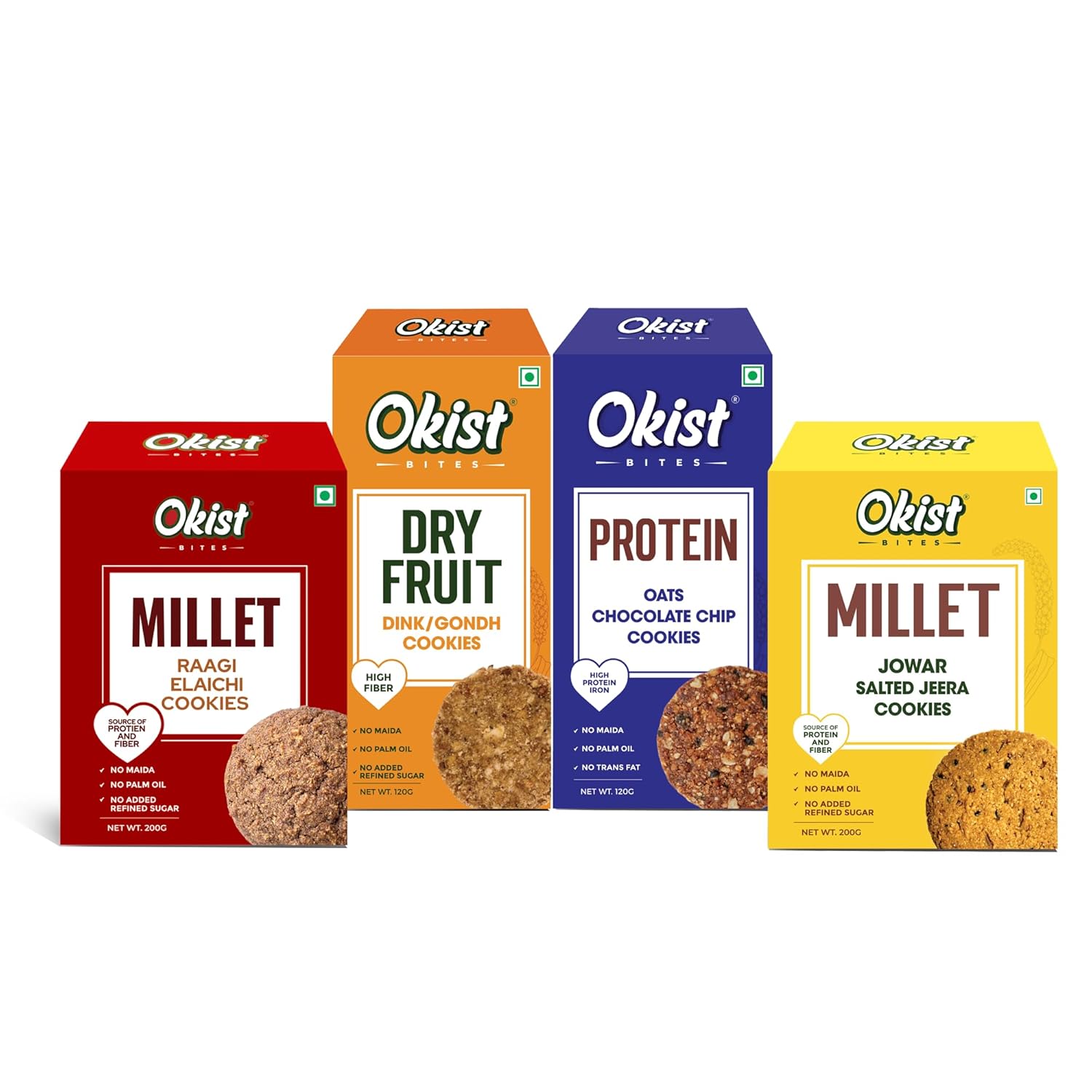 Oats Chocolate Chip Cookie | Millet Ragi Elaichi Cookie | Millet Jowar Salted Jeera Cookie | Dryfruit Gondh/Dink Cookie |  ( Pack of 4 )